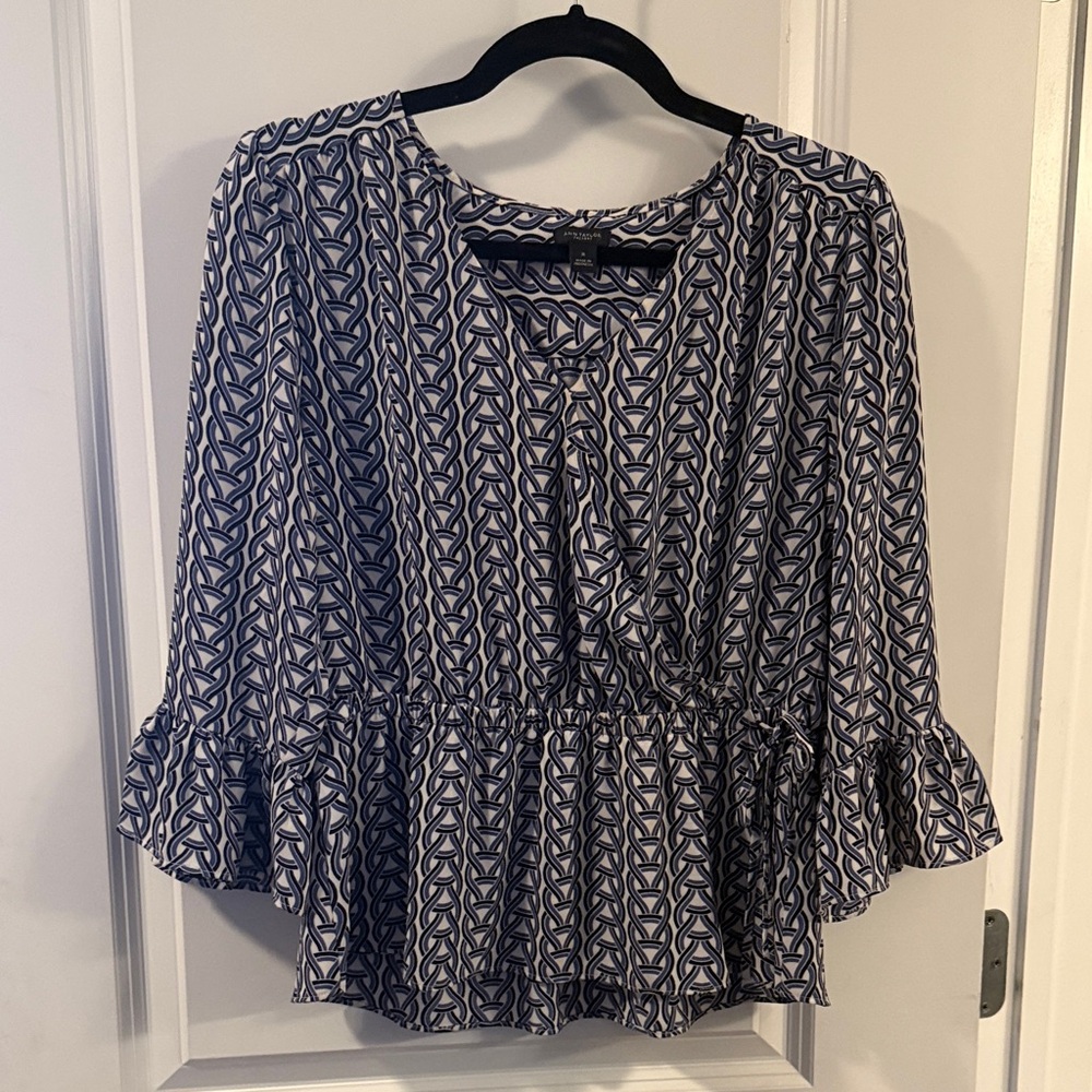 Ann Taylor Factory Geometric Navy and White Blouse